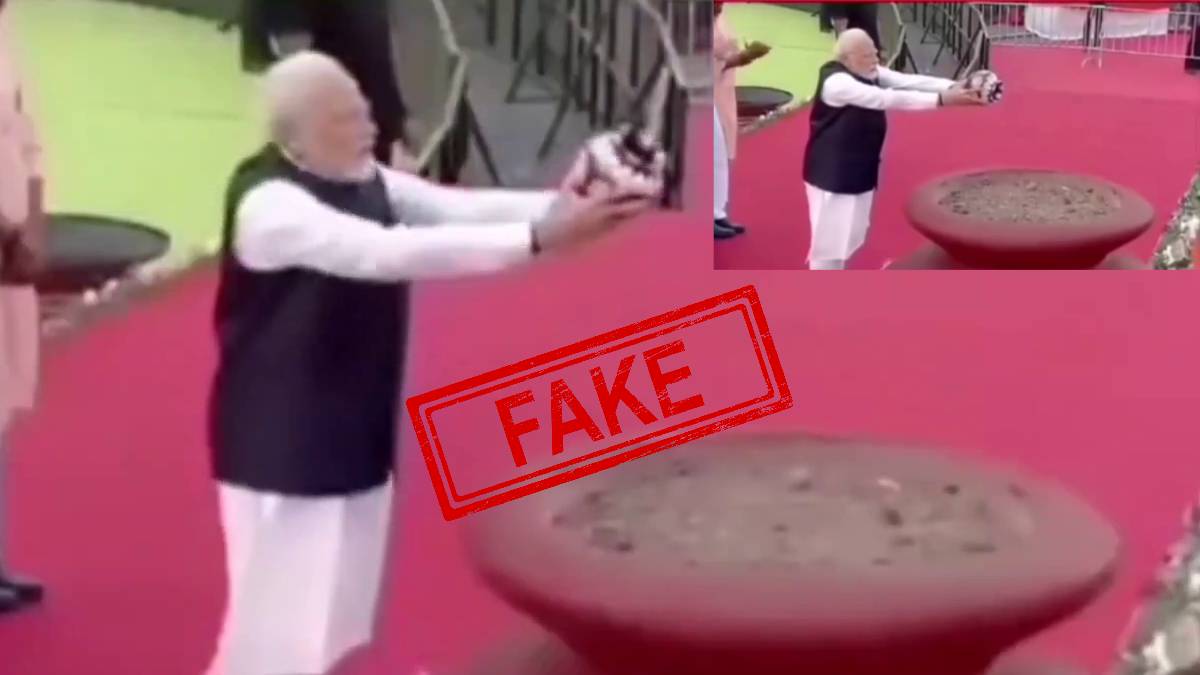 Screenshots from the viral video showing PM Narendra Modi pouring sand from empty pot